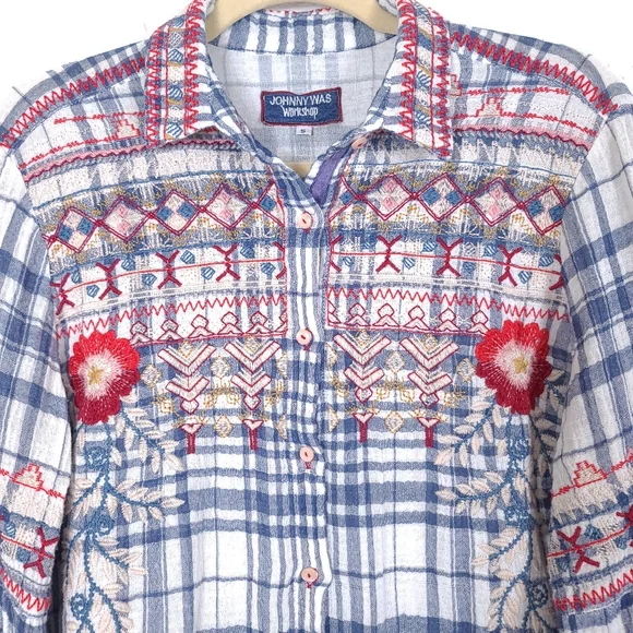 JOHNNY WAS Workshop Freddie Plaid Embroidered Flannel Button Down Shirt - Picture 7 of 12